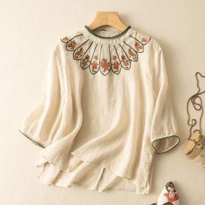 Áo sơ mi nữ mùa hè cotton dân tộc Áo Linen nữ cổ điển NGHỆ THUẬT THÊU Áo thun rộng vừa vặn 3/4 Tay áo sơ mi Khối Màu