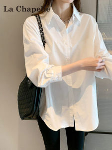 La Chapelle Womens Polo Neck Long Sleeve Shirt Loose Fit Mid-Length Casual Top White Color for Autumn Season 2025 New Arrival