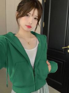 Chic Korean Style Womens Hoodie Short Sportswear Outerwear Casual Lapel Zipper Pocket Long Sleeve Fleece Lined Autumn Coat