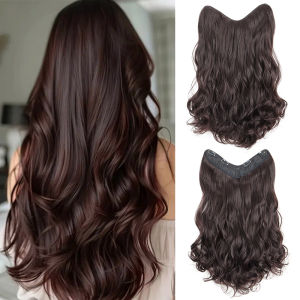 24Inch Synthetic Long Culry Hair Extension V-shaped One Piece Fluffy Invisible Hair Black Brown Hairpiece for Women