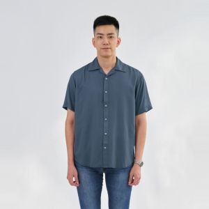 Kemeja Polos Pria Lengan Pendek Kerah Cuban Bahan Rayon Twill 30s Warna Abu Tua