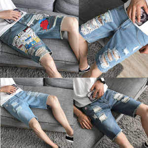 Summer Thin Five-Quarter Jeans Mens Fashion Trendy Ripped Slim Fit Casual Brand Pants Low Waist Five Pockets Water Washed