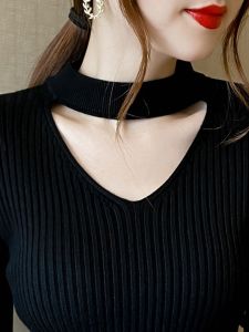 Womens Neck Hanging Base Shirt Spring Autumn Black Half High Collar V-neck Knitted Sweater Fashionable Inner Wear Top