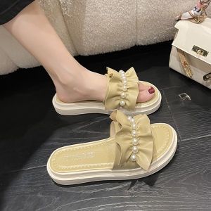 Summer 2025 Pearl Folded Flat Bottom Sandals Womens Sweet Fairy Style Soft Bottom Open Toe Slippers Comfortable Slip-On Shoes