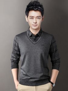 ROMON | Lormen Mens Knitted Sweater Casual Business Dad Shirt Collar Base Layer Fake Two-Piece Winter Fashion Urban Style Long Sleeve Slim Fit