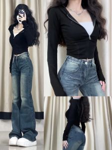 Extended Length High Waist Bell Bottom Denim Jeans Womens Spring Autumn Low Waist Slim Fit Floor Length Horse Hoof Pants