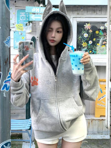 Dobie Dog Ear Hoodie Jacket Womens Loose Heavy Zipper American Retro Style Long Sleeve Sweatshirt with Diamond Embellishment