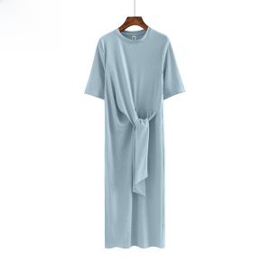 Summer New Pure Cotton Slim Fit round Neck Short Sleeve Korean Style Dress Womens Internet Celebrity T-Shirt Casual Long Dress