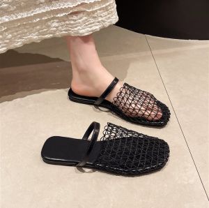 IELGY French retro mesh woven hollow flat bottom closed toe slippers for women