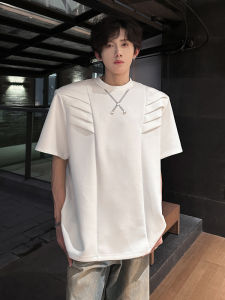 American High Street Deconstructed Heavy Shoulder Padded Short Sleeve T-Shirt Mens New 2025 Summer Design Hard And Stiff Half Sleeve