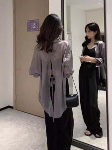 Summer Ice Silk UV Protection French Style Elegance Back Slit Shirt Women