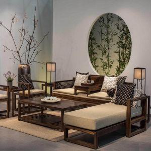 New Chinese Style Solid Wood Sofa Combination Black Ebony Retro Fabric Villa High End Living Room Furniture U-Shape Sponge Filling