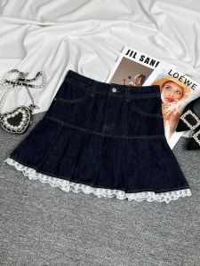 Váy Ngắn Denim Xanh Lam Ren Xếp Ly Thời Trang Mùa Hè 2025 Cạp Cao Thon Gọn Váy Chữ a Xếp Ly Cotton Polyester Cho Nữ