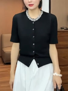 QINGNAER | Exquisite Embellished Round Neck Single Button Short Sleeve Knit Cardigan