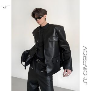 แจ็คเก็ตหนัง PU สไตล์อเมริกันย้อนยุคสำหรับผู้ชาย ทรงหลวม ปกโปโล แขนยาว ปกโปโล แจ็คเก็ตมอเตอร์ไซค์ Cleanfit สำหรับฤดูใบไม้ผลิ