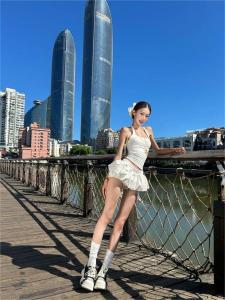 French Style Pure Desire Spicy Girl Slim Fit Halter Top Women Summer Hot Waist Cinched Flower Bud Puffy Short Skirt Two Piece Set