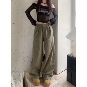 Quần Jeans Denim Ống Rộng Màu Kaki Cổ Điển Cho Nữ Quần Thường Ngày Ôm Dáng Mùa Thu Cạp Cao Có Túi Quần Dài