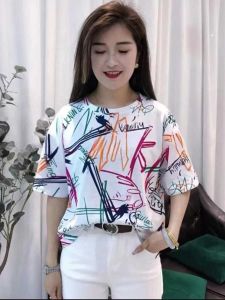 เสื้อยืดแขนสั้นผู้หญิงผ้าฝ้ายแท้สไตล์เกาหลีหลวมๆ ฤดูร้อน 2024 เสื้อตัวบนพิมพ์ลายสไตล์เกาหลี ทรงหลวม ทรงปกติ