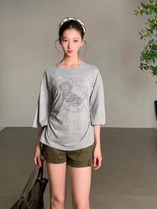 BAIDAIFEI | Áo Thun Ôm Elegante Màu Xám Tay Ngắn