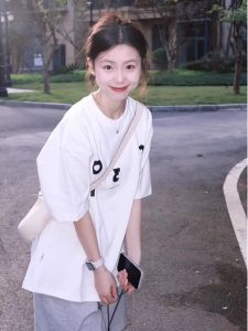 Áo Thun Cotton Tay Ngắn Dáng Rộng Cổ Tròn Màu Trắng Phong Cách Mỹ Mùa Hè Cho Nữ Áo Thun Cotton Thường Ngày Không Có Thương Hiệu