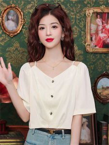 French Style Off-Shoulder Short Sleeve Chiffon Shirt Women Summer New Loose Special Short Length Top V-neck Bubble Sleeve Pure Color