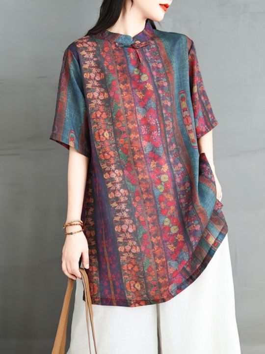 Retro%20Floral%20Cotton%20Linen%20Shirt%20Women's%20Loose%20Slimming%20Stand%20Collar%20Button%20up%20mid%20Length%20Summer%20Top%20Ethnic%20Style%20Loose%20Fit%20-%20Image%203