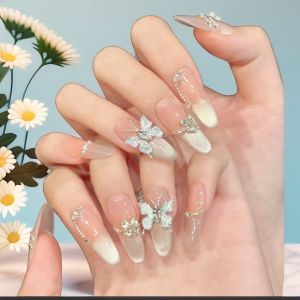 10PCS【Butterfly at Dawn】3D Cool-Toned Butterfly Cat-Eye Elegant Luxury Press-On Nails With 4-PIECE Tools  Nail Adhesive Tabs