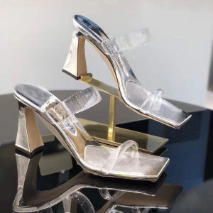 Tracey Mia Silver Transparent High Heels Summer New Style Versatile Thick Heel Square Head Half Slip on Sandals Womens Shoes