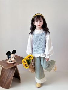 Blue Lace Collar Doll Shirt Set for Girls Cotton Blend Spring Autumn Wear Casual Style Standard Packaging Pure Color Pattern