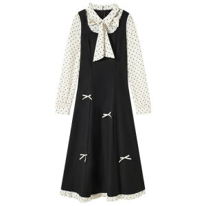 Elegant False Two-piece Polka Dot Black and White Contrast Long Dress