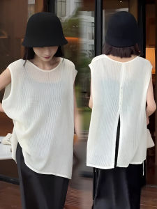 เสื้อถักไหมน้ำแข็งคอตั้งแขนกุดบางสีขาว ดีไซน์ใหม่ปี 2025 เสื้อคลุมโปร่งบางสีขาว แขนกุด คอตั้ง แขนกุด คอตั้ง