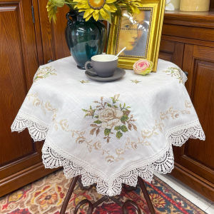 American Style Cross Stitched Cotton Linen Tablecloth Dustproof TV Cover Scarf Square Shape Daily Use Home Decor Tablecloth