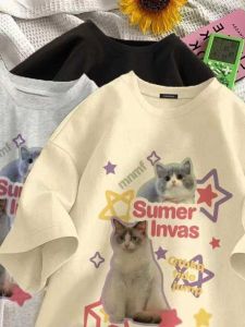 Áo Thun Cotton Tay Ngắn in Hình Mèo Phong Cách Mỹ Mới Cho Trẻ Em Mùa Hè Rộng Rãi Thoải Mái Thoáng Khí Cho Bé Trai Và Bé Gái