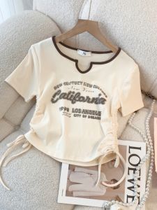 American Style Short Sleeve T-Shirt Women Summer New Small Size Slimming Concealing Drawstring Short Length Commute Style Top