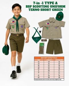 Boy Scout Uniform Type A Short Green 7-in-1 Set with Shirt Shorts Belt Scarf Hat and Accessories Scouting & School Uniforms