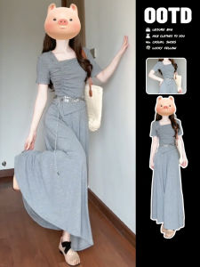 SUSIEYUAN | Petite Women Gray Dress Long Style Korean