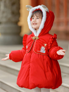 เสื้อแจ็คเก็ตผ้าฝ้ายมีฮู้ดสำหรับเด็กผู้หญิง ฤดูหนาว 2023 เสื้อผ้าเด็กสไตล์จีน แจ็คเก็ตผ้าฝ้ายยาวปานกลาง เสื้อผ้าเด็ก ชุดฮันฟู