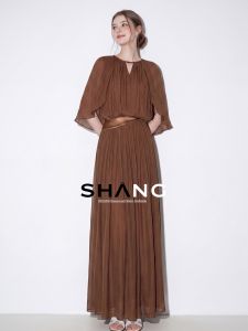 SHANGSHA | Elegant High Intellectual Design Unique Beautiful Cape Style Textured Chiffon Dress