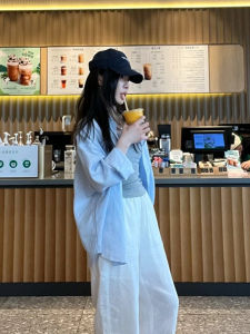 French Loose Fit Blue Linen Shirt Women Spring Summer Outerwear Long Sleeve Polo Collar Thin Sun Protection Cardigan Coat