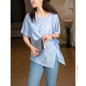 XIAOER | Soft Glowing Acetate Short Sleeve Blouse with Ruffled and Asymmetric Hem