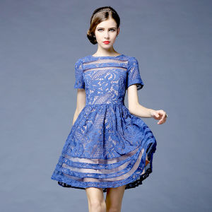 Premium Lace Spliced Organza Dark Blue Dress Summer