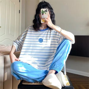 Summer Thin Modal Cotton Short Sleeve Pants Loose Casual plus Size Striped Home Clothes Two-Piece Set Comfortable round Neck