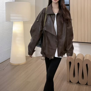 American Retro Cool Leather Jacket Womens Coffee Color Loose Motorcycle Style Spring New Fashion Upper Apparel