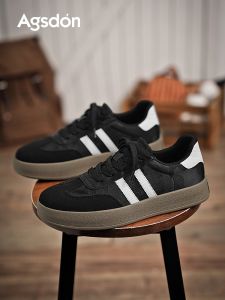 Black Leather Mens Sneakers Soft Bottom Anti-Slip Casual Retro Shoes Comfortable Breathable Low Top Flat Heel round Toe