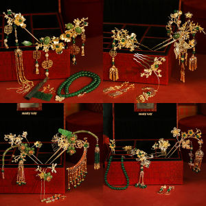 New 2024 Chinese Style Wedding Bride Headwear Heavy Gold Embellished Long Feng Suit Headpiece Wedding Accessory Traditional Festive Fashion