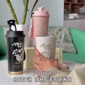 แก้วน้ำเก็บความเย็น 500ml แก้วกาแฟพกพา แก้วเก็บความร้อนเย็นได้นาน มีฝาปิดสนิท พร้อมสายห้อยมี 3 สี ให้เลือก แก้วสแตนเลส 316 ทนทาน