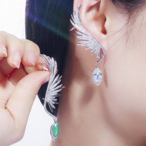 SEQUITO Unique Women White Gold Plated Jewelry Micro Paved Tiny AAA Cubic Zirconia Setting Green White Stone Vivid Symmetric Feather Evening Party Long Drop Earrings SE779