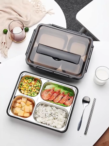 TaffHOME Kotak Makan Makanan Anti Tumpah Stainless Steel Lunch Box 3 Grid 1 Liter Platik Transparan