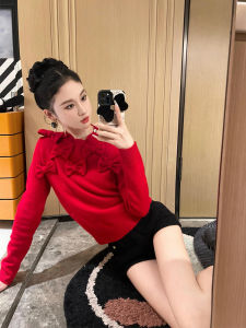 French Style Red round Neck Knitwear Womens Fashionable Butterfly Knot Small Size Pullover Top Ageless Elegant Spring New Arrival