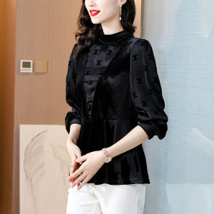 MAIMEI | Fashionable Velvet Top Womens Slim Fit Fashionable Gold Velvet Mommy Patchwork Shirt Autumn New Style Vintage False Two-Piece